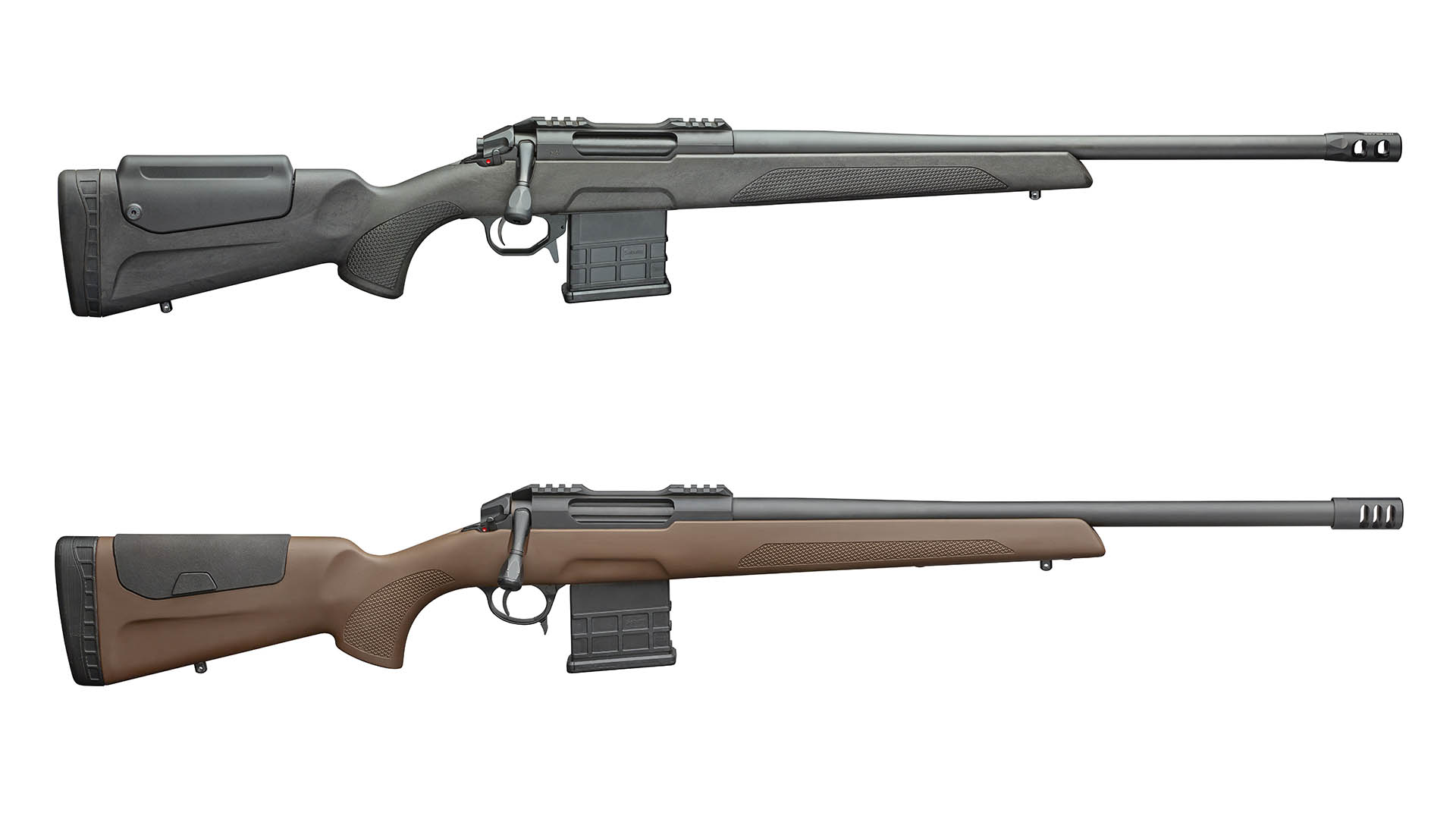 La carabina Sabatti Rover Shooter nell'allestimento 2024 (in alto) e 2022 (in basso). Nonostante alcune modifiche, il cuore dell'arma non cambia