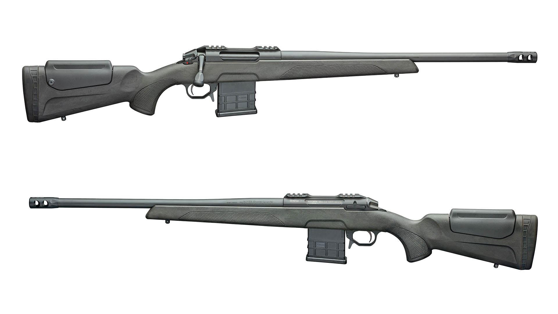 Viste laterali della carabina Sabatti Rover Shooter in calibro .308 Winchester (lo si evince dal caricatore Aics)