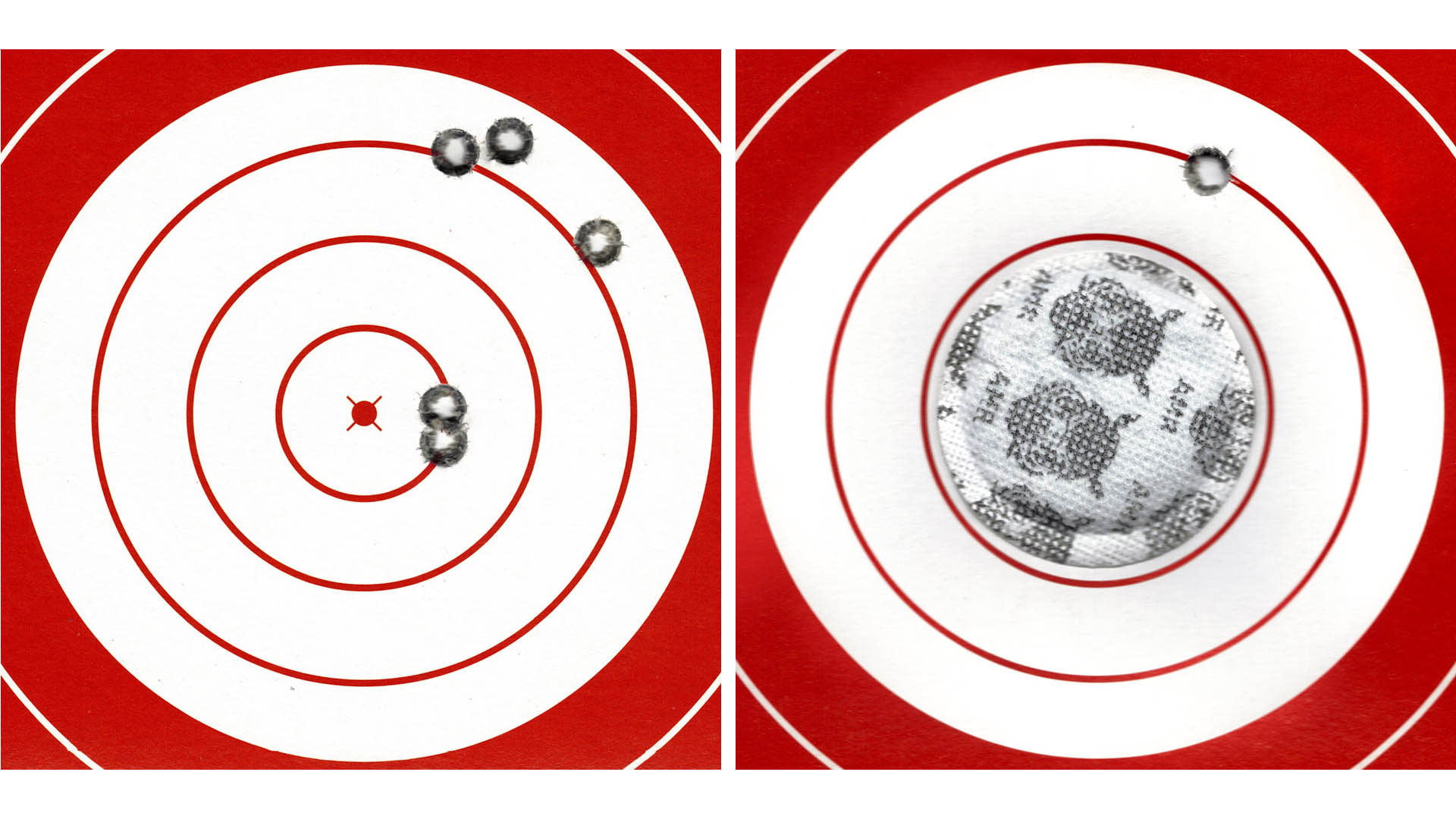 A sinistra, l'azzeramento dell'ottica sul centro del bersaglio; a destra, il risultato con clip-on montato. Il punto d'impatto varia di 39 millimetri