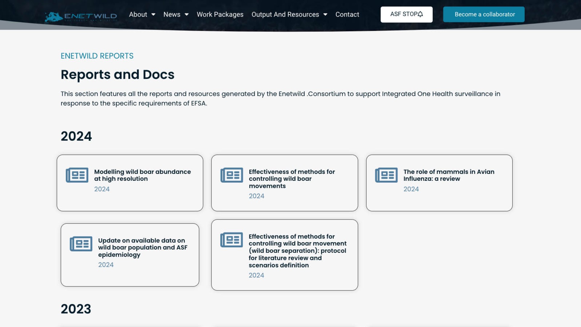 Il sito di ENETWILD presenta tutti i report e le risorse generate dal consorzio per supportare la sorveglianza integrata One Health in risposta ai requisiti specifici dell'EFSA