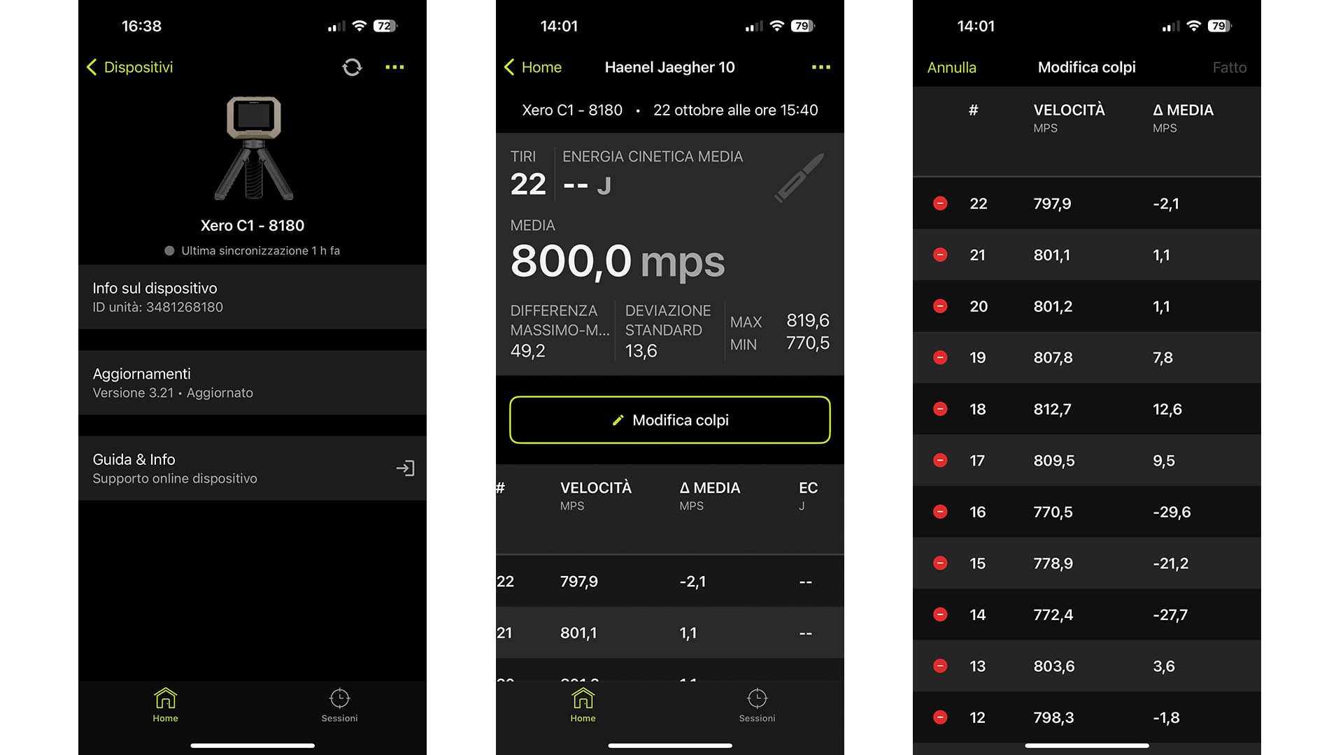 La visuale restituita dalla app Garmin Shot View. Da smartphone è possibile eliminare colpi dalle serie e inserire note