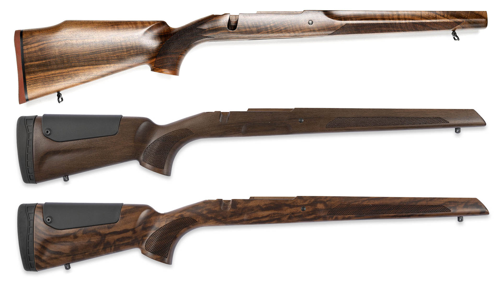 Calciature in legno di produzione Sabatti. Dall’alto: i modelli Wood per Saphire, Hunter Classic e Hunter Classic Pro per Rover