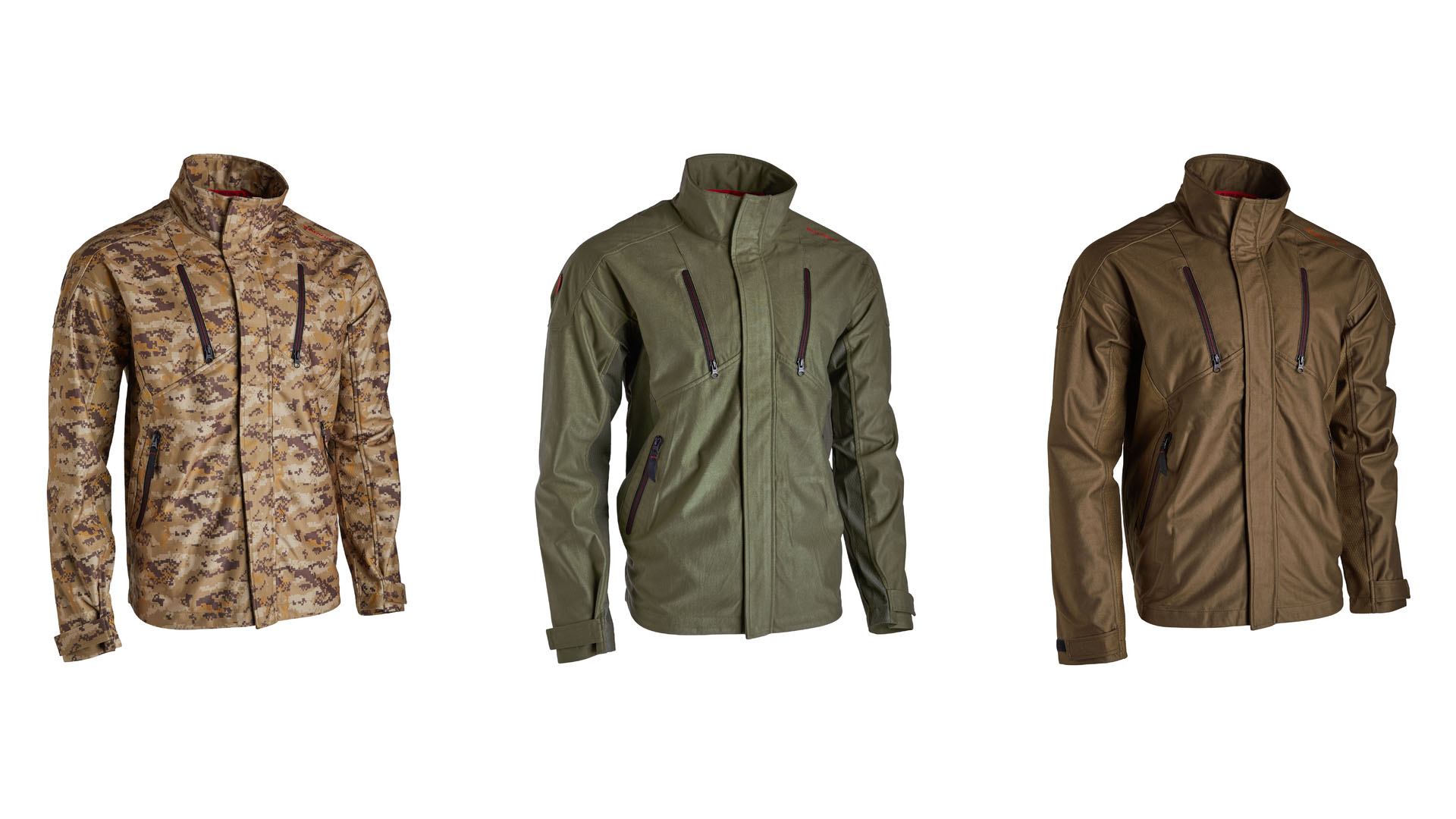 La giacca Huntsville, un capo tecnico impermeabile e silenzioso,  disponibile nei colori Digi, verde (khaki) e marrone 
