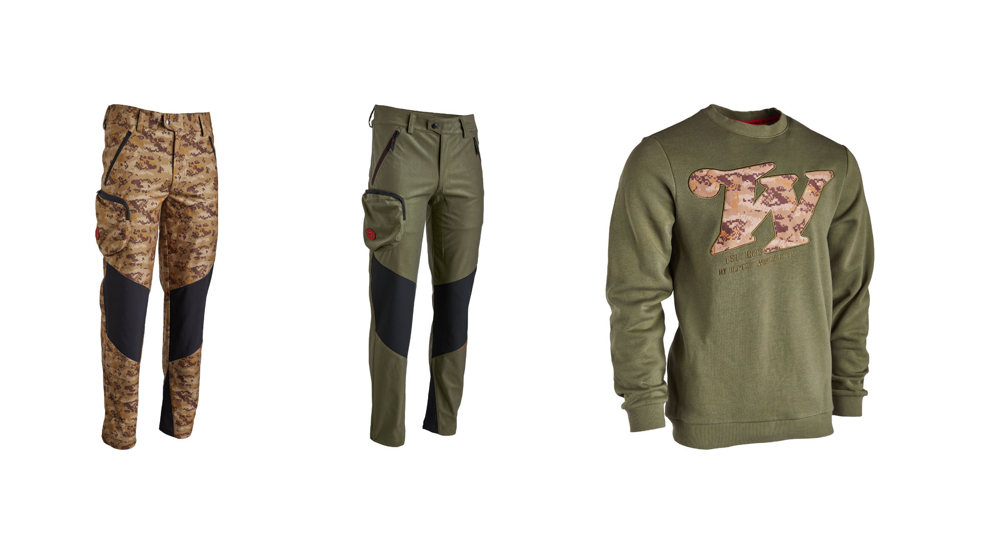 Alla giacca Huntsville si possono abbinare i pantaloni Kiowa, disponibili nei colori Digi camo e verde (khaki). La collezione comprende inoltre felpe (con e senza cappuccio), t-shirt e cappellini