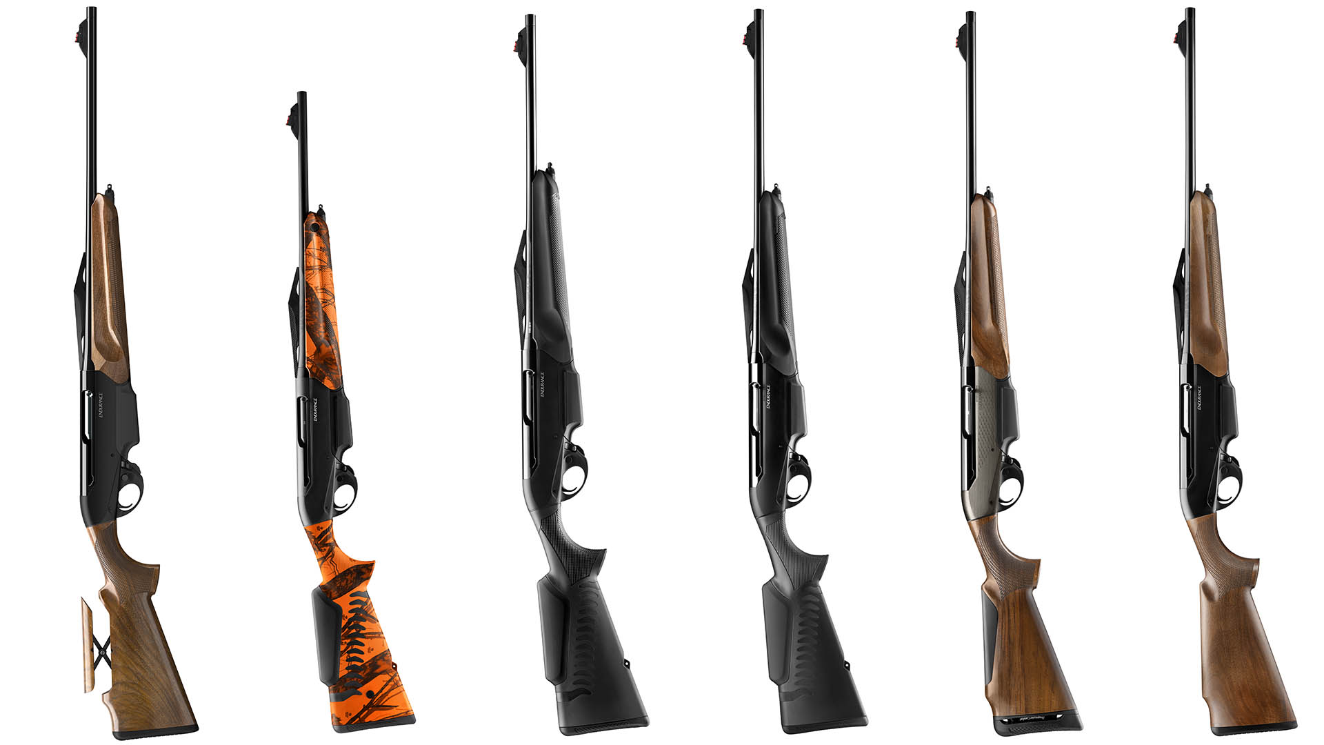 Ua selezione della gamma Benelli Endurance, la più recente declinazione del progetto Argo (Auto Regulating Gas Operated). Da sinistra: Endurance Wood nasello regolabile, Endurance Battue, Endurance Black Best, Endurance Black, Endurance Pro, Endurance Wood