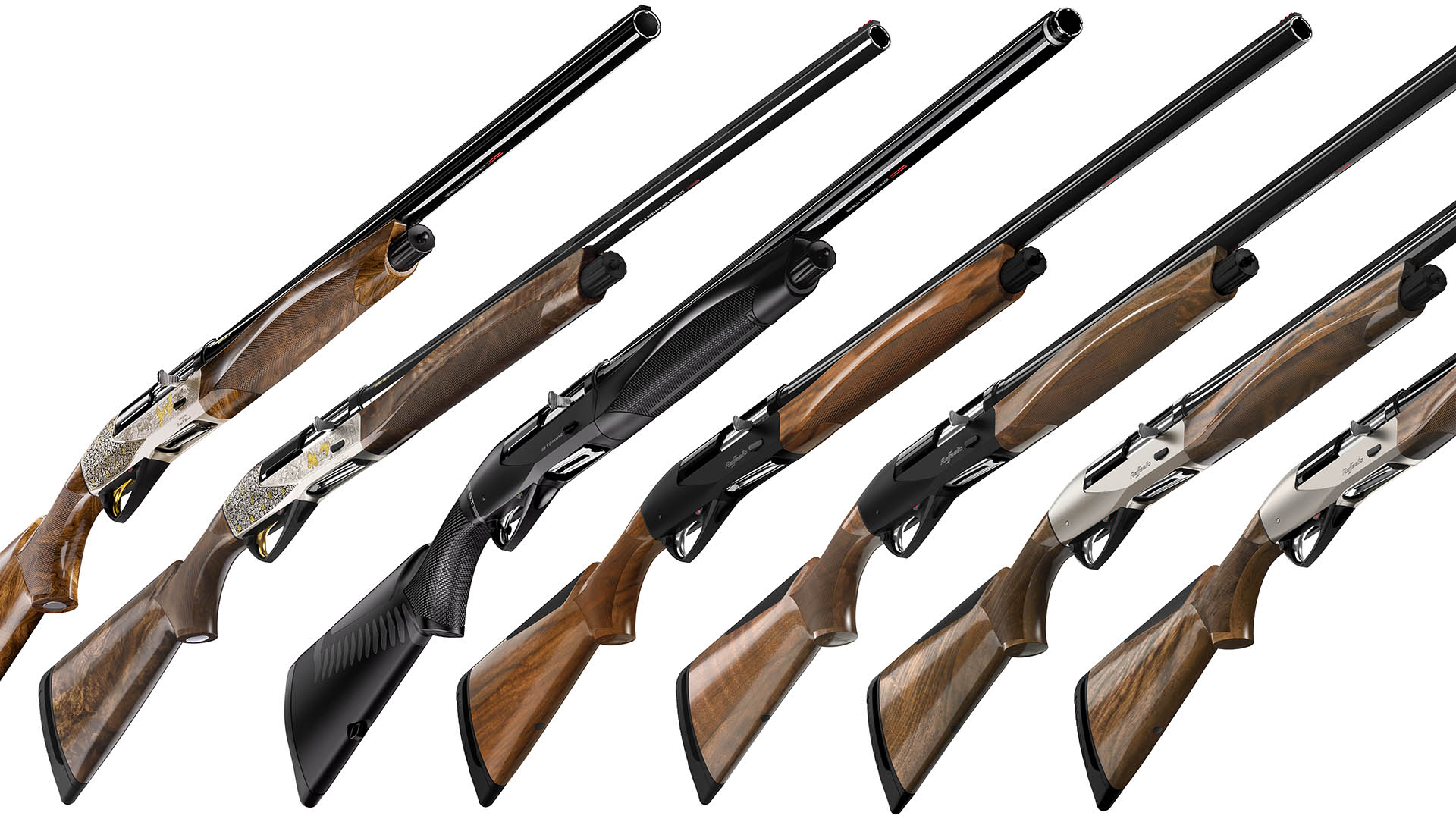 Una selezione della gamma di fucili semiautomatici Benelli con canne AI. Da sinistra: Raffaello Best AI Limited Edition calibro 12, Raffaello Best AI Limited Edition calibro 20, Raffaello Be Diamond AI calibro 12, Raffaello Black AI calibro 12, Raffaello Black AI calibro 20, Raffaello Silver AI calibro 12, Raffaello Silver AI calibro 20