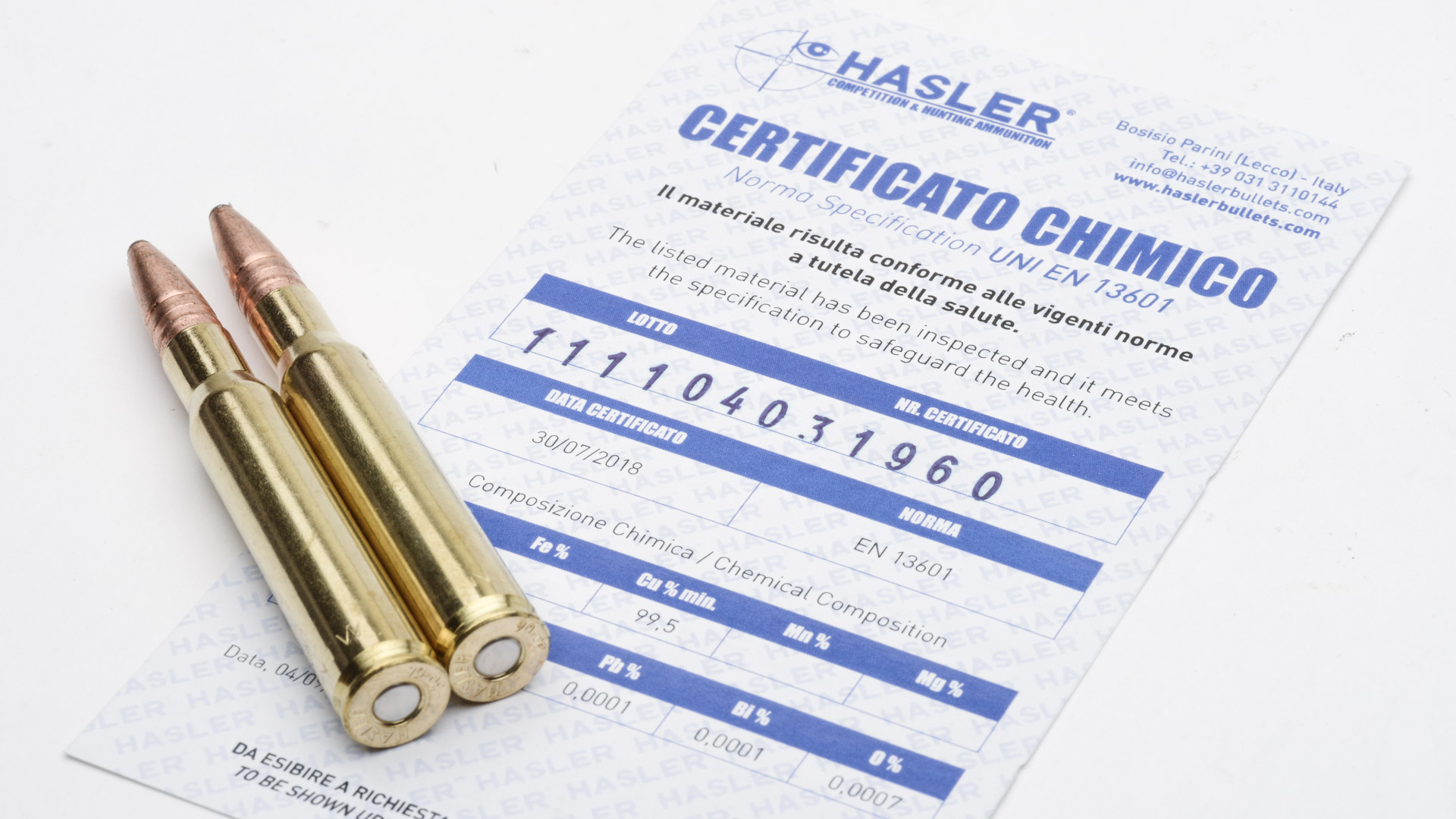 Hasler rilascia con le sua cartucce un certificato chimico che testimonia come il proiettile sia costituito da rame al 99,5%