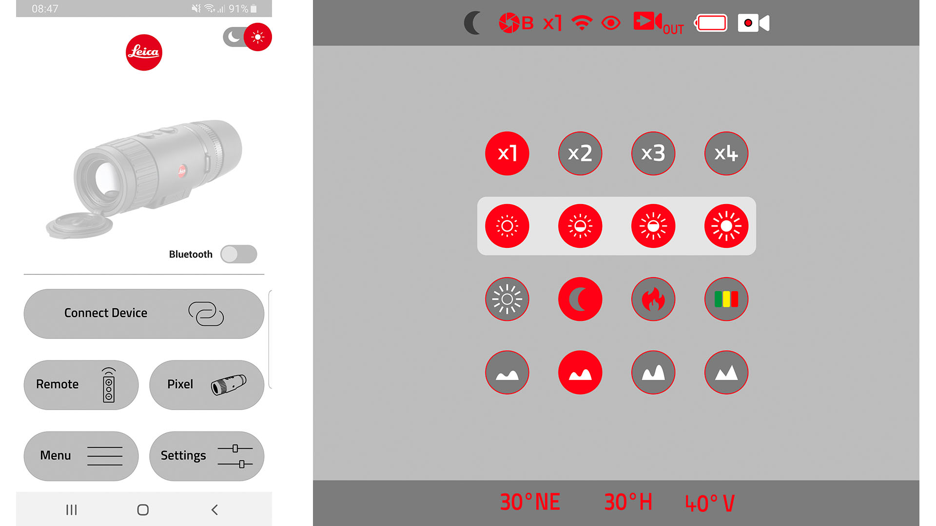 Due distinte app progettate da Leica (immagine di sinistra) permettono di interagire con gli strumenti variandone alcuni parametri e, nel caso del View, condividendo le informazioni raccolte. A destra  visibile l'intuitiva schermata del menu accessibile on board