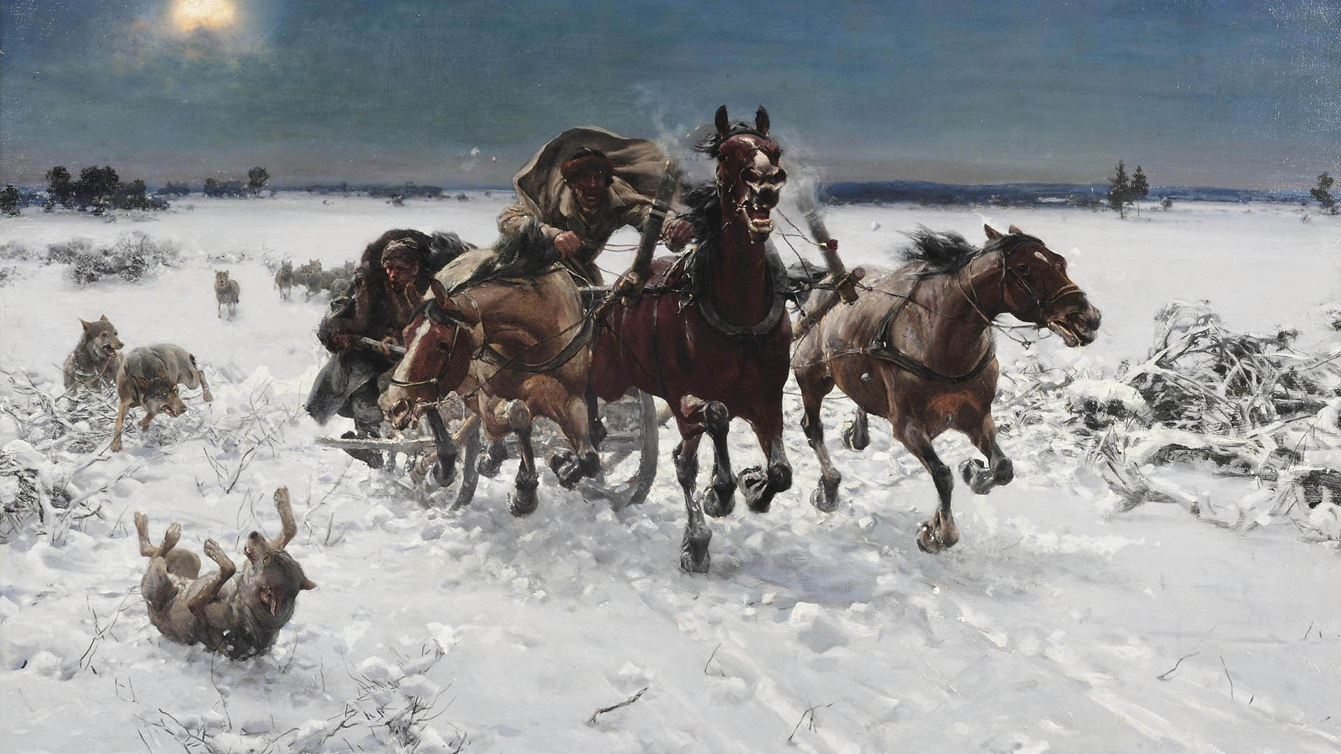 <i>Trojka ścigana przez wilki, una carrozza attaccata dai lupi</i>, opera dell'artista polacco Alfred Wierusz-Kowalski
