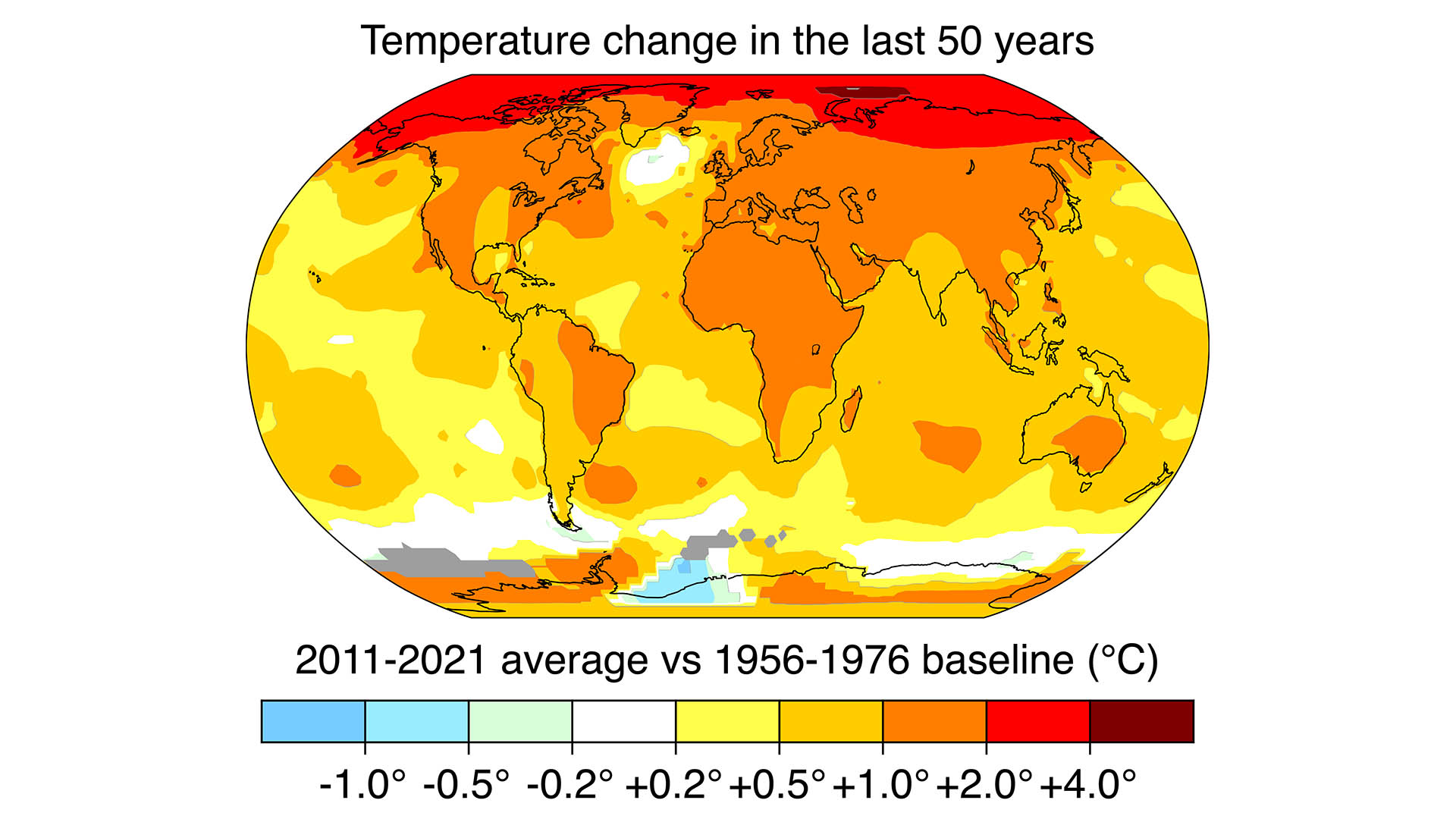 Questa tavola indica l'incremento delle temperature medie nel corso degli ultimi 50 anni in tutto il globo terrestre